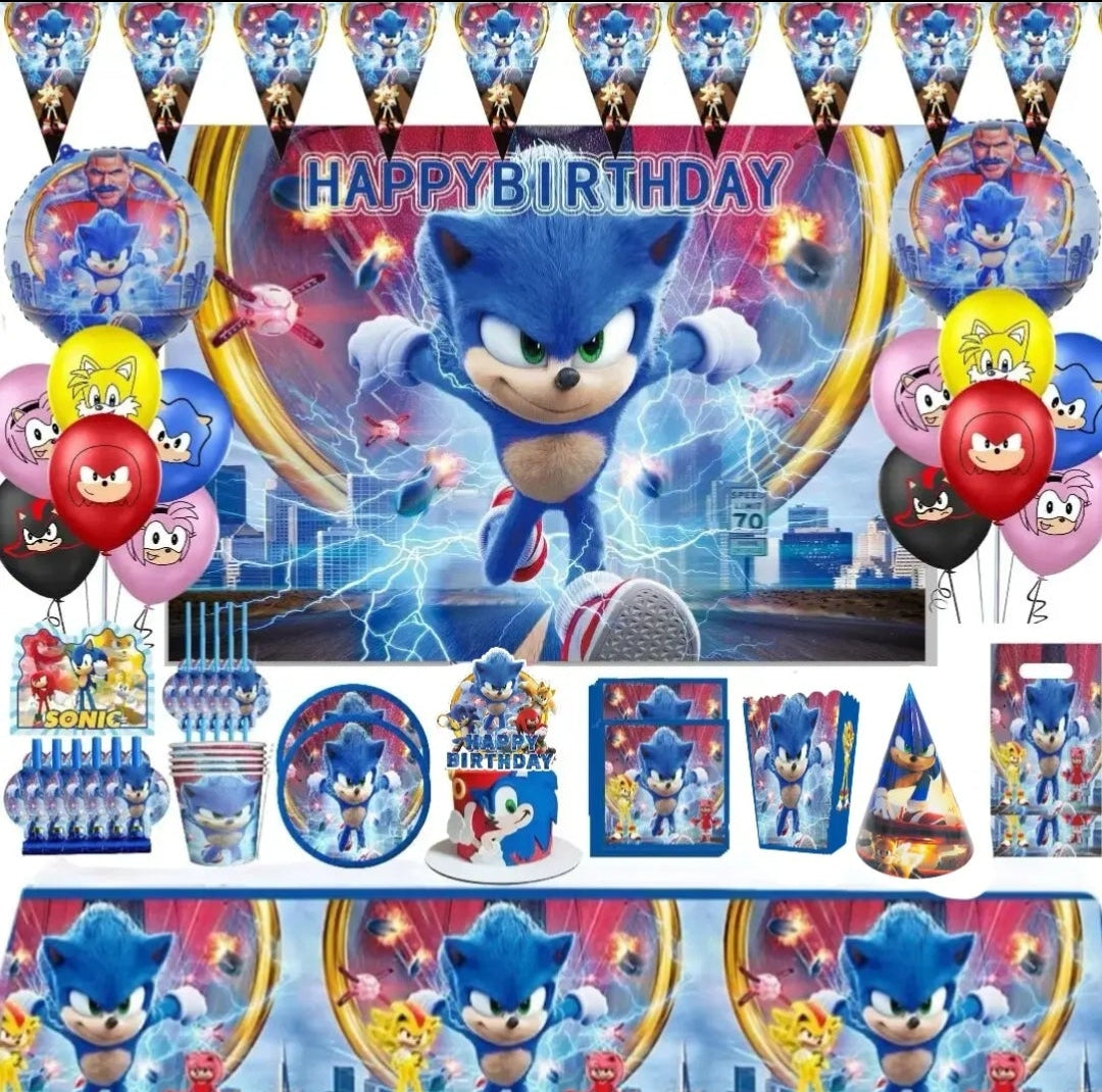 Sonic the Hedgehog-themed birthday party supplies including balloons and decorations.