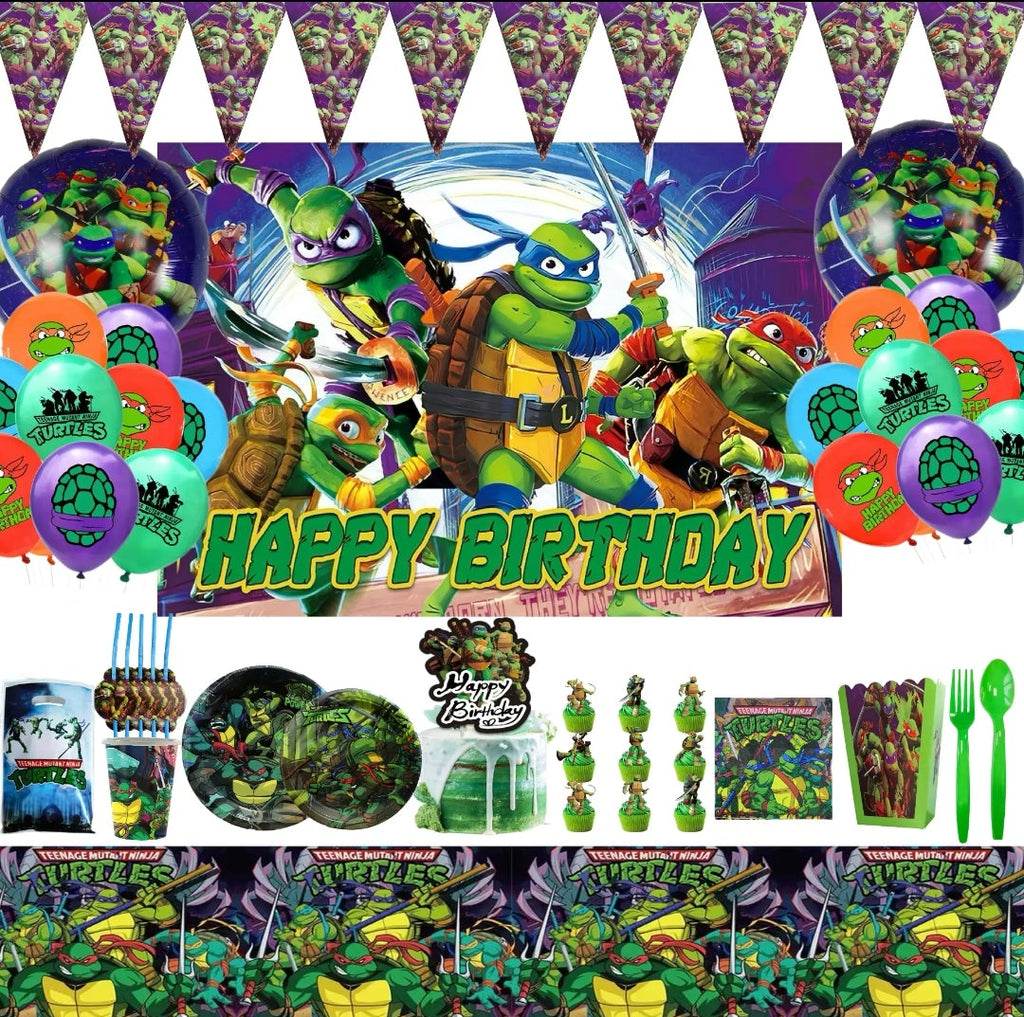 Collection of Teenage Mutant Ninja Turtles-themed birthday party supplies on a black background.