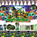 Collection of Teenage Mutant Ninja Turtles-themed birthday party supplies on a black background.